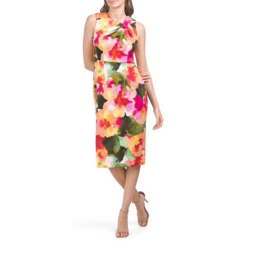 $110 Donna Ricco Orange Floral Twist Front Midi Dress NWT Sz 6‎
